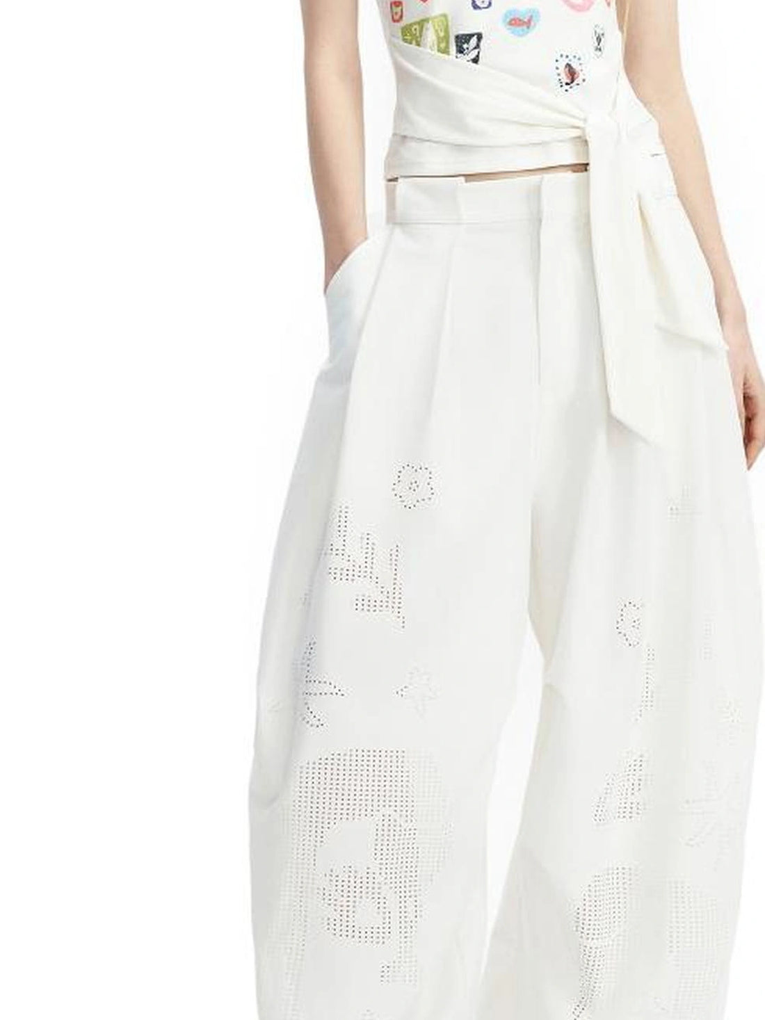OuttheBlue Laser Cut Out White Wide Leg Trousers