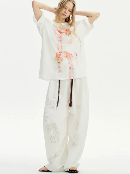 OuttheBlue Laser Cut Out White Wide Leg Trousers