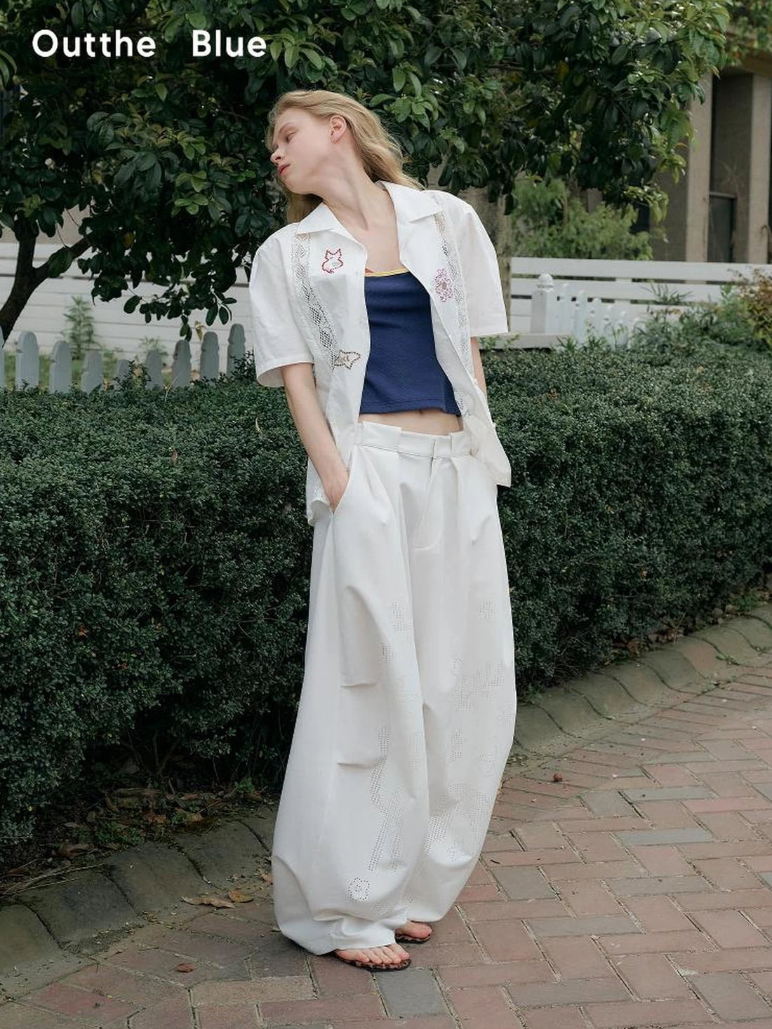 OuttheBlue Laser Cut Out White Wide Leg Trousers