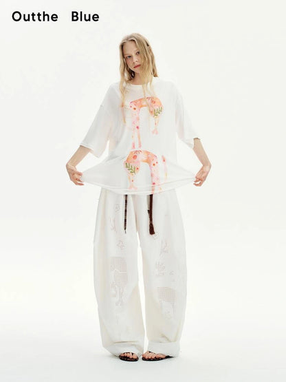 OuttheBlue Laser Cut Out White Wide Leg Trousers