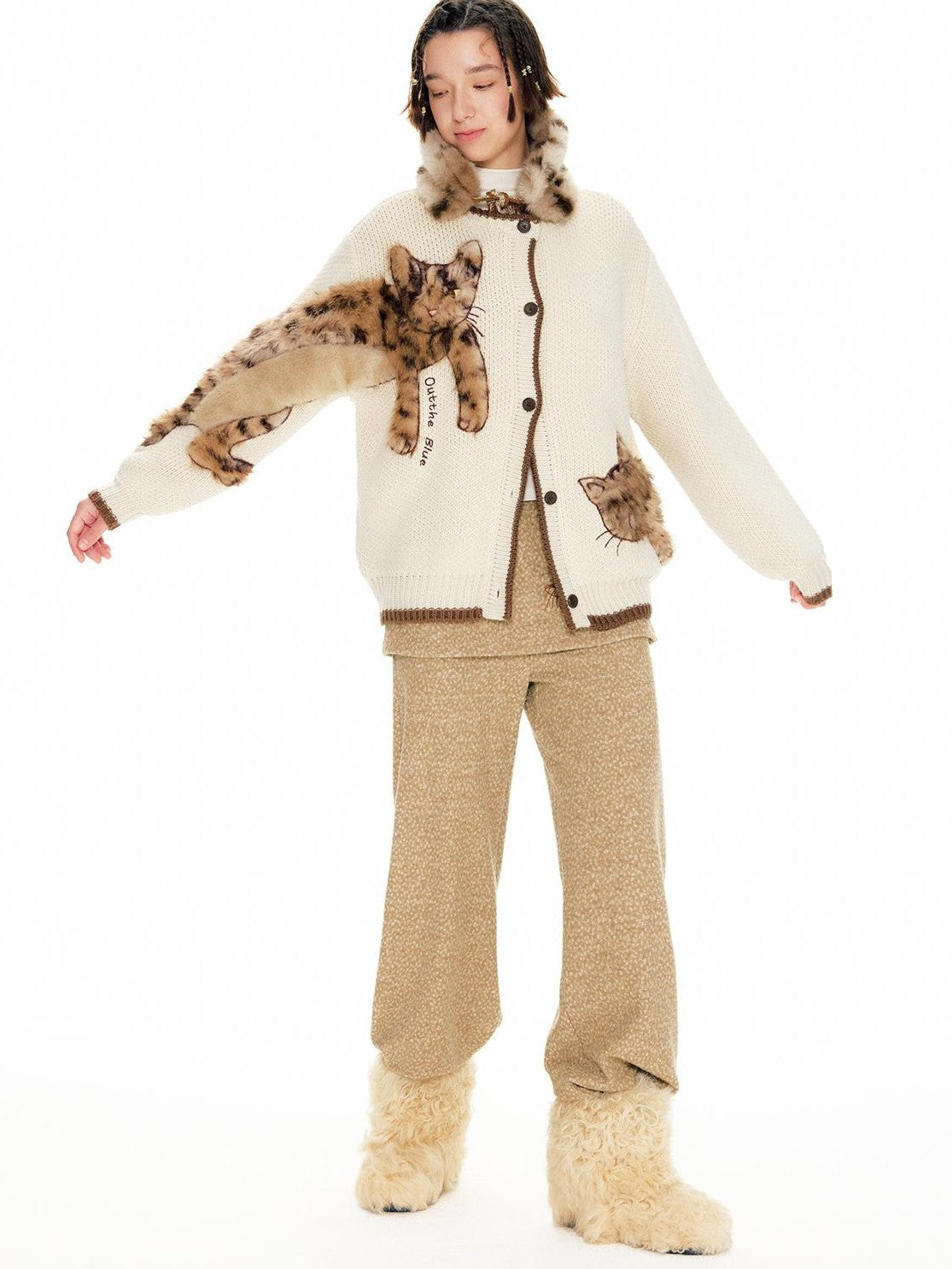 OuttheBlue Leopard Animal Applique Wool Blend Women&