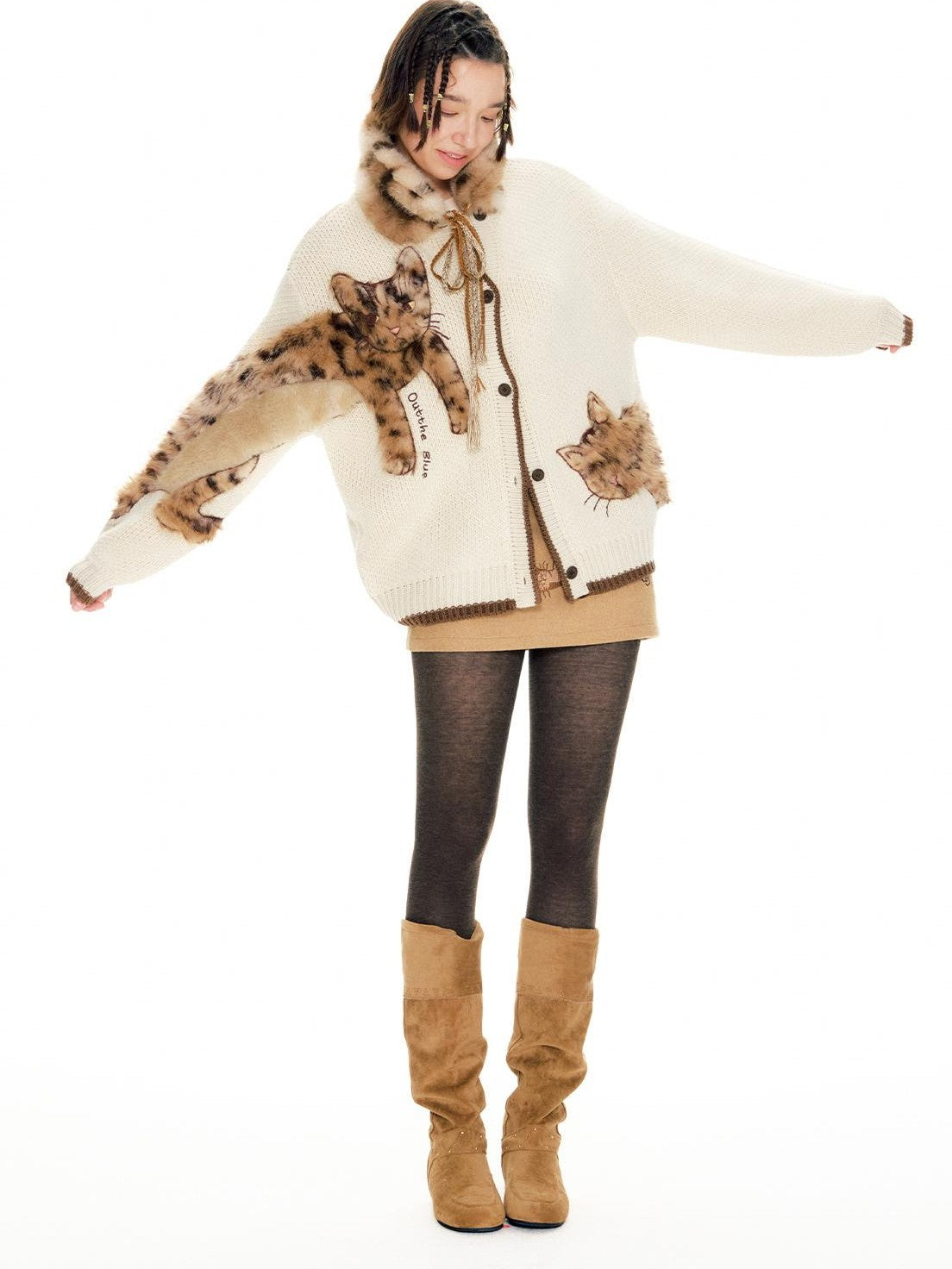 OuttheBlue Leopard Animal Applique Wool Blend Women&