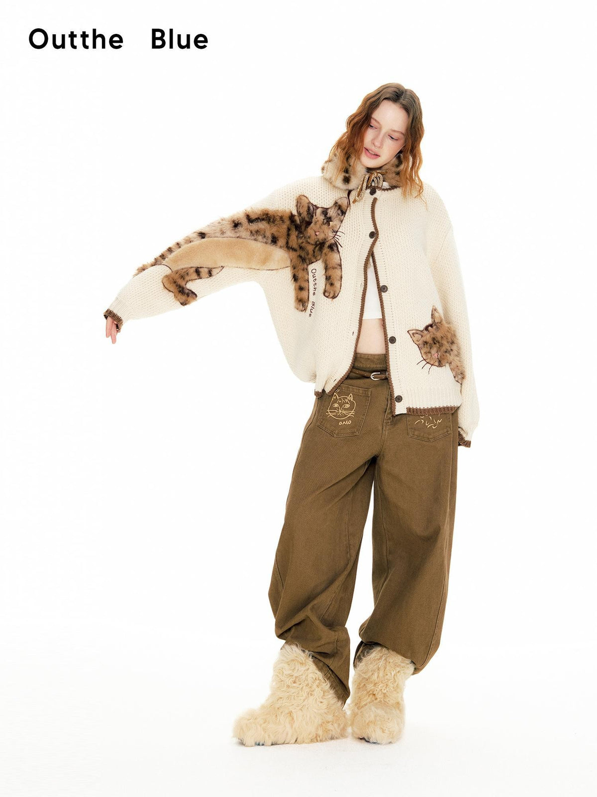 OuttheBlue Leopard Animal Applique Wool Blend Women&