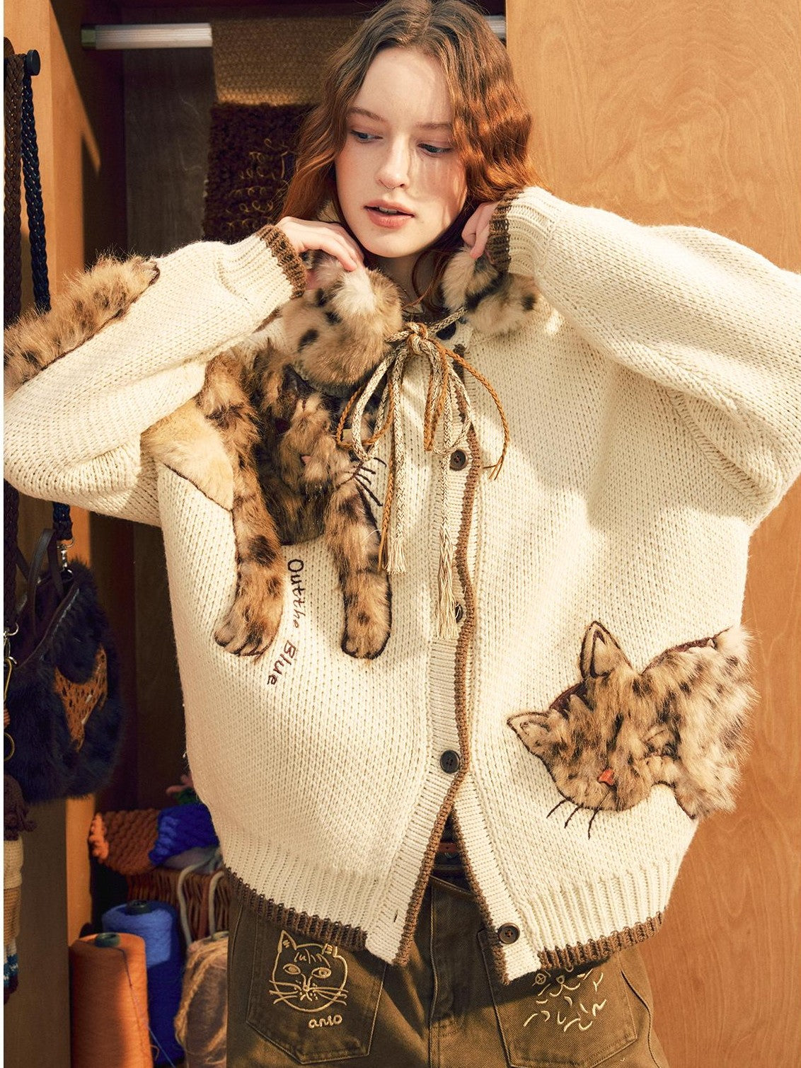 OuttheBlue Leopard Animal Applique Wool Blend Women&