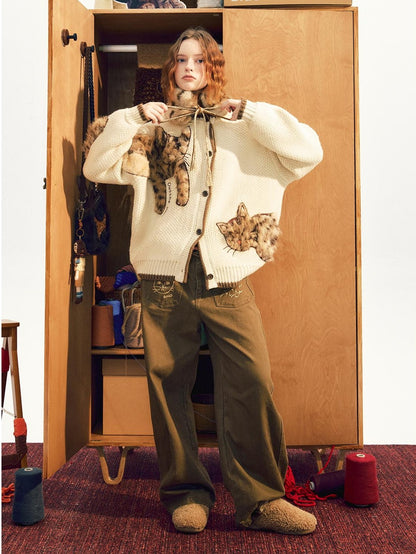 OuttheBlue Leopard Animal Applique Wool Blend Women&