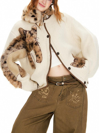 OuttheBlue Leopard Animal Applique Wool Blend Women&