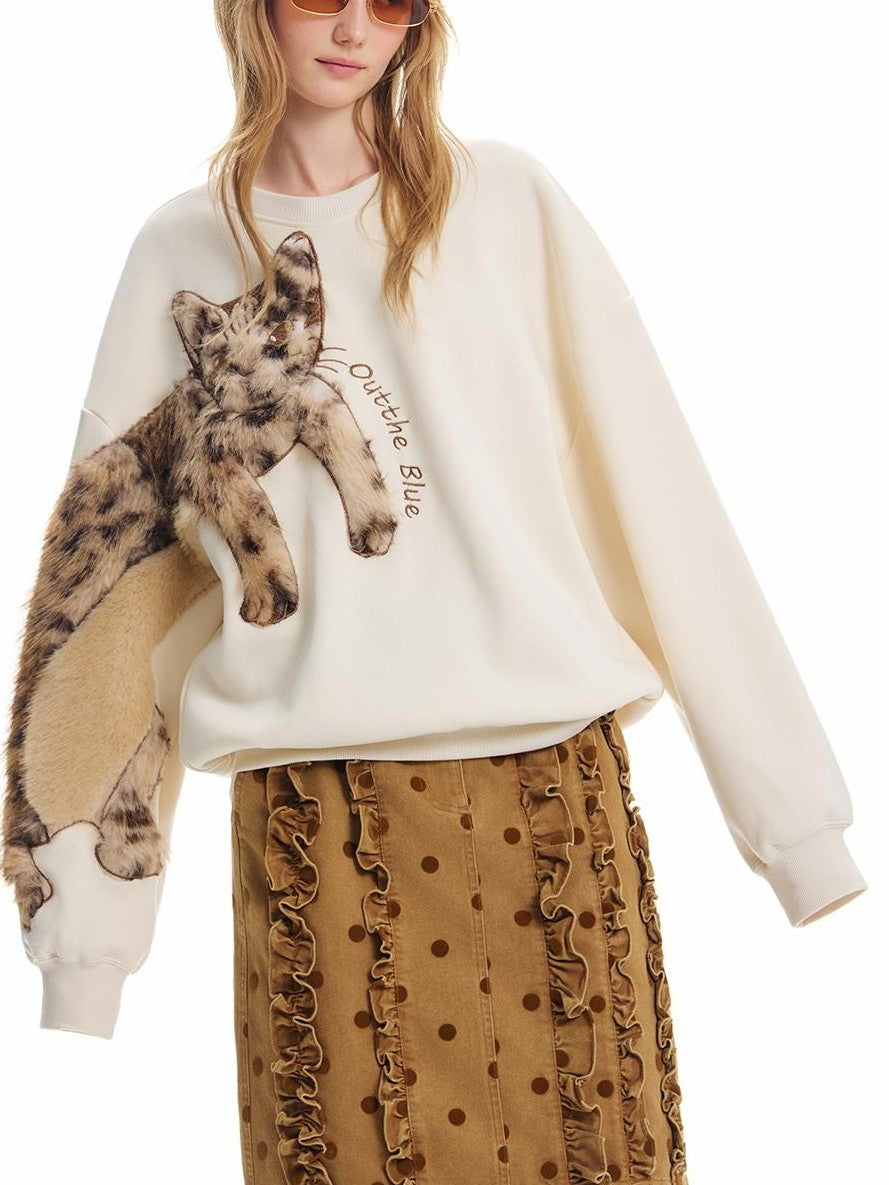 OuttheBlue Leopard Cat Embroidered Fleece Lined Crewneck Women&