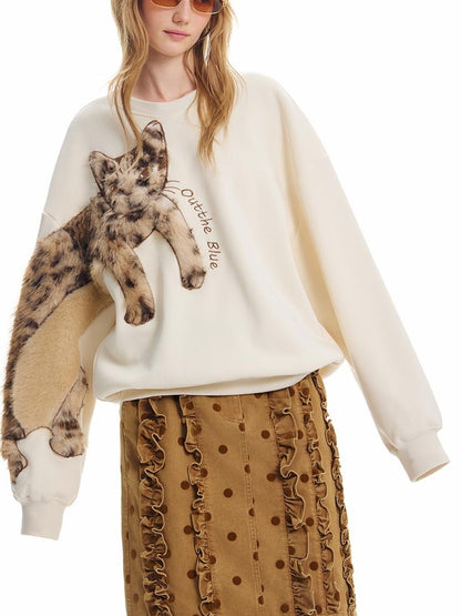 OuttheBlue Leopard Cat Embroidered Fleece Lined Crewneck Women&