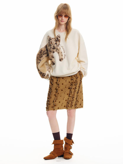 OuttheBlue Leopard Cat Embroidered Fleece Lined Crewneck Women&