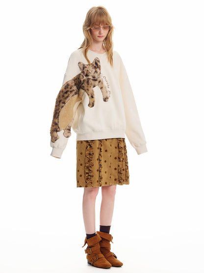 OuttheBlue Leopard Cat Embroidered Fleece Lined Crewneck Women&
