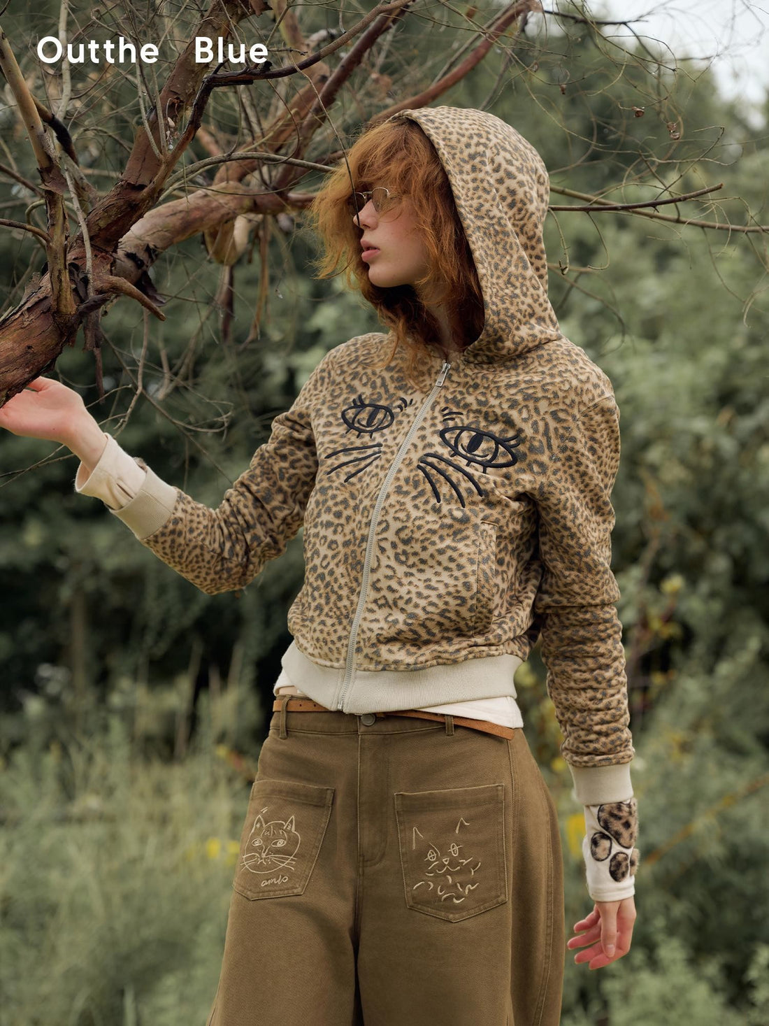 OuttheBlue Leopard Print Cat Face Embroidered Cropped Women&