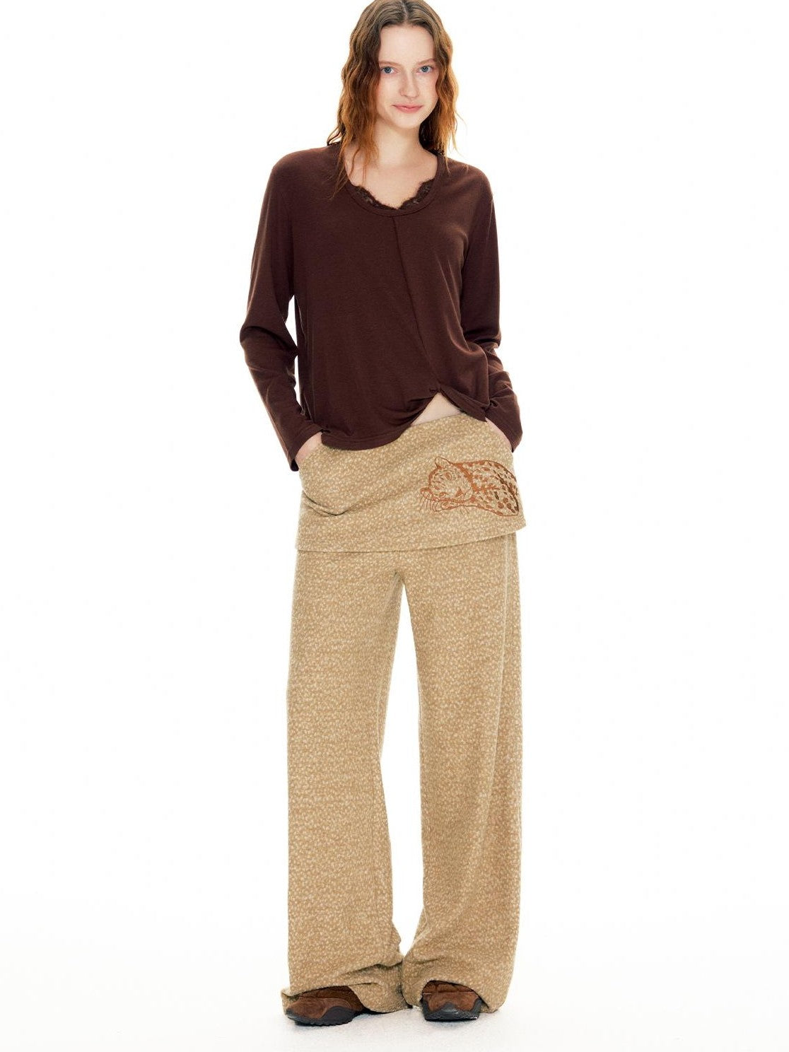 OuttheBlue Leopard Print Faux Two Piece Straight Leg Mid Low Rise Women&