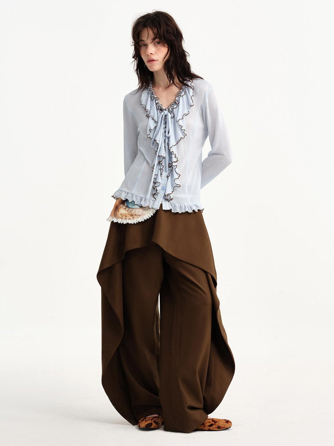 OuttheBlue Light Blue Color Block Ruffle Slim Fit Texture V-neck Women&