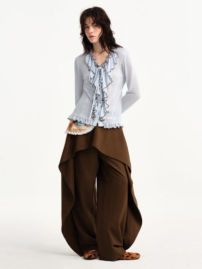 OuttheBlue Light Blue Color Block Ruffle Slim Fit Texture V-neck Women&