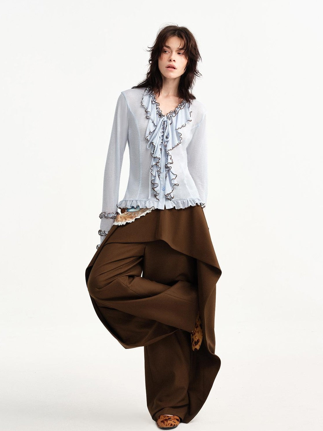 OuttheBlue Light Blue Color Block Ruffle Slim Fit Texture V-neck Women&