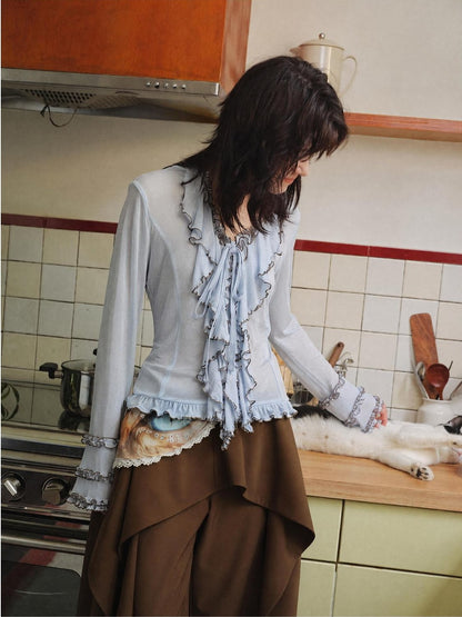 OuttheBlue Light Blue Color Block Ruffle Slim Fit Texture V-neck Women&