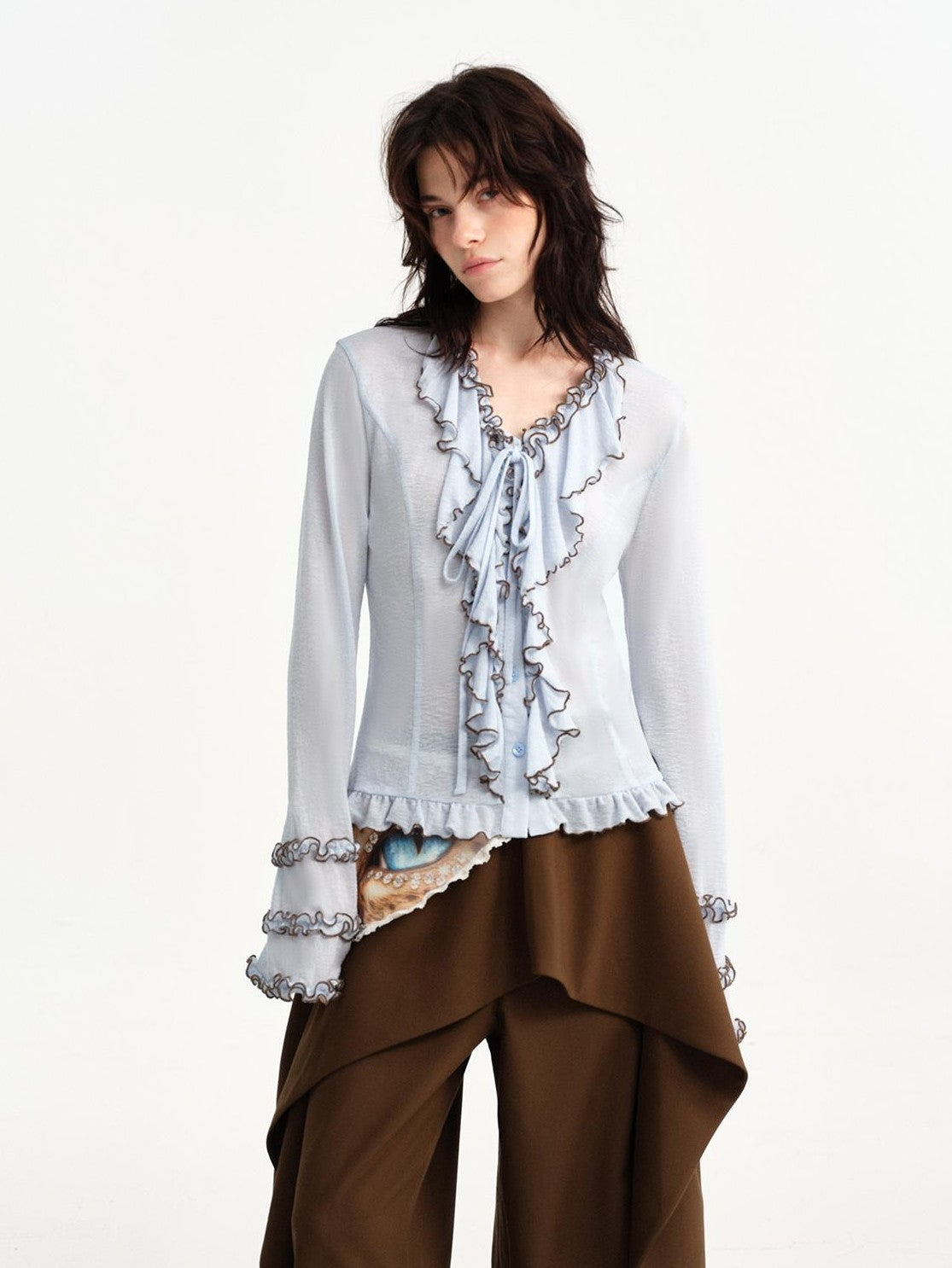 OuttheBlue Light Blue Color Block Ruffle Slim Fit Texture V-neck Women&
