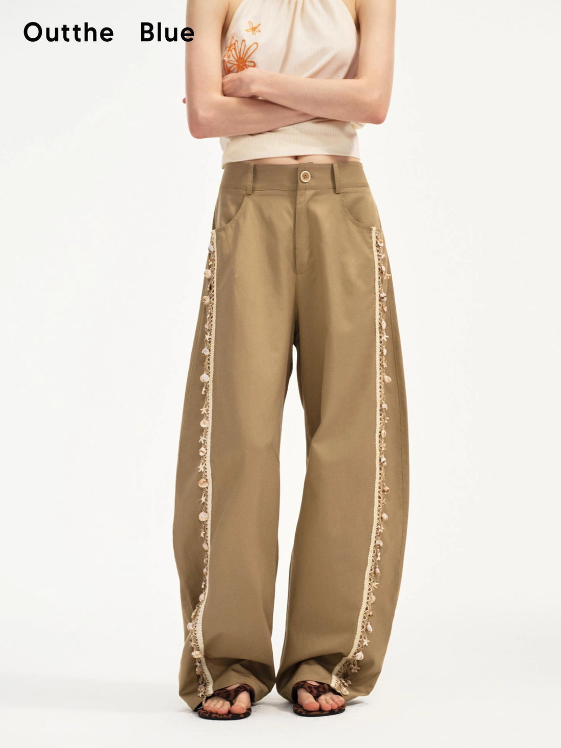 OuttheBlue Lightweight Khaki Tencel Blend Wide Leg Trousers