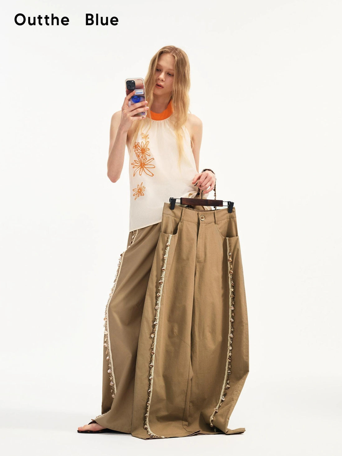 OuttheBlue Lightweight Khaki Tencel Blend Wide Leg Trousers