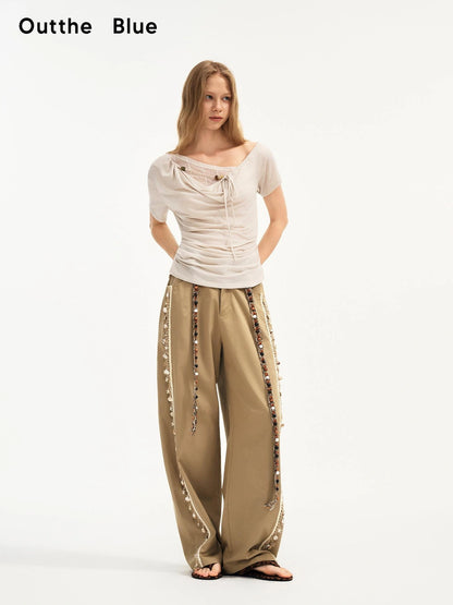 OuttheBlue Lightweight Khaki Tencel Blend Wide Leg Trousers