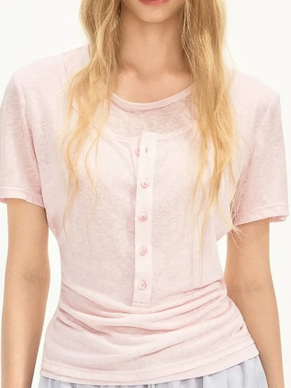 OuttheBlue Lightweight Linen Blend Pink Henley Tee