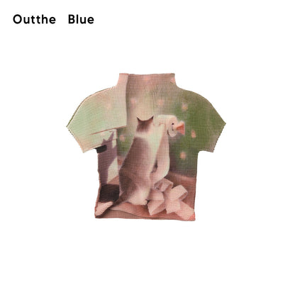 OuttheBlue Lightweight Polyester Slim Cropped Animal Print Women Short Sleeve T-Shirts