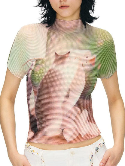 OuttheBlue Lightweight Polyester Slim Cropped Animal Print Women Short Sleeve T-Shirts