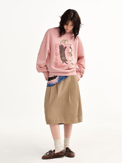 OuttheBlue Loose Fit Cat Print Long Sleeve 100% Cotton Women&