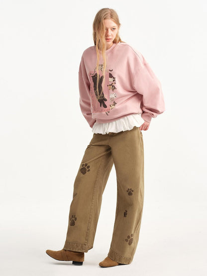 OuttheBlue Loose Fit Cat Print Long Sleeve 100% Cotton Women&