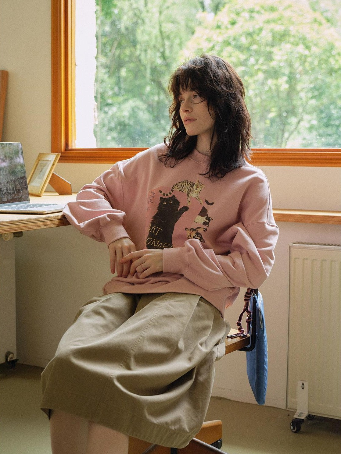 OuttheBlue Loose Fit Cat Print Long Sleeve 100% Cotton Women&