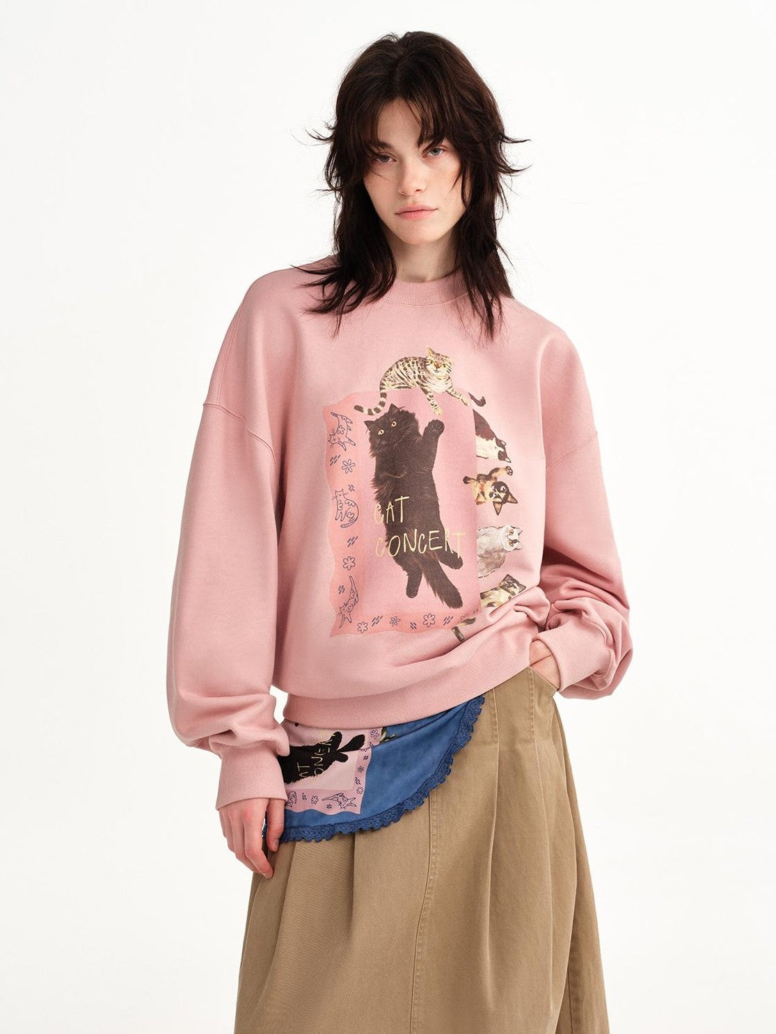 OuttheBlue Loose Fit Cat Print Long Sleeve 100% Cotton Women&