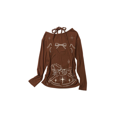 OuttheBlue Lyocell Blend V-neck Relaxed Fit Casual Women Caramel Brown Long Sleeve T-Shirts