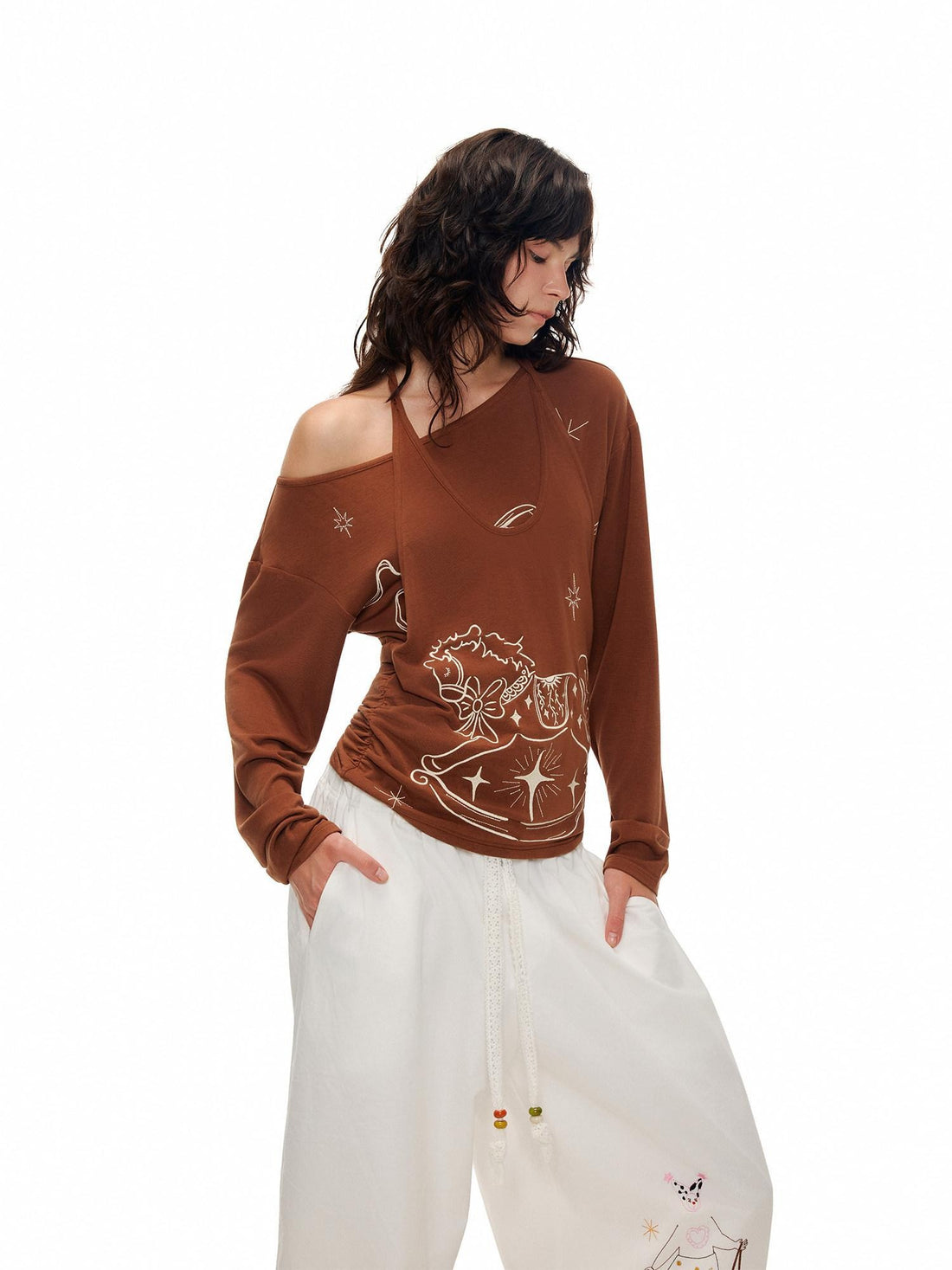 OuttheBlue Lyocell Blend V-neck Relaxed Fit Casual Women Caramel Brown Long Sleeve T-Shirts