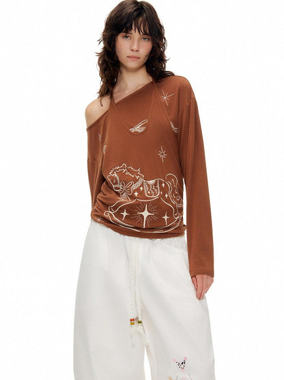 OuttheBlue Lyocell Blend V-neck Relaxed Fit Casual Women Caramel Brown Long Sleeve T-Shirts