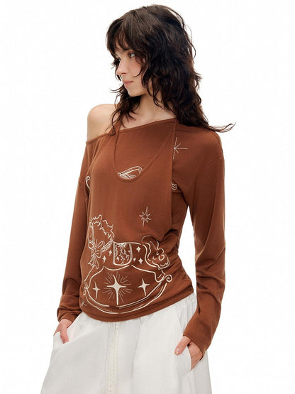 OuttheBlue Lyocell Blend V-neck Relaxed Fit Casual Women Caramel Brown Long Sleeve T-Shirts