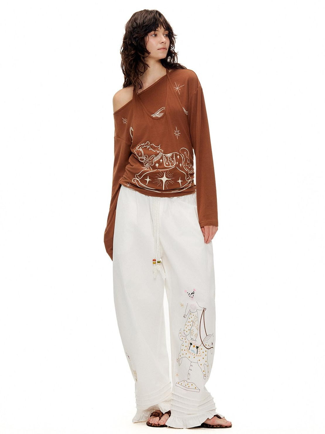 OuttheBlue Lyocell Blend V-neck Relaxed Fit Casual Women Caramel Brown Long Sleeve T-Shirts