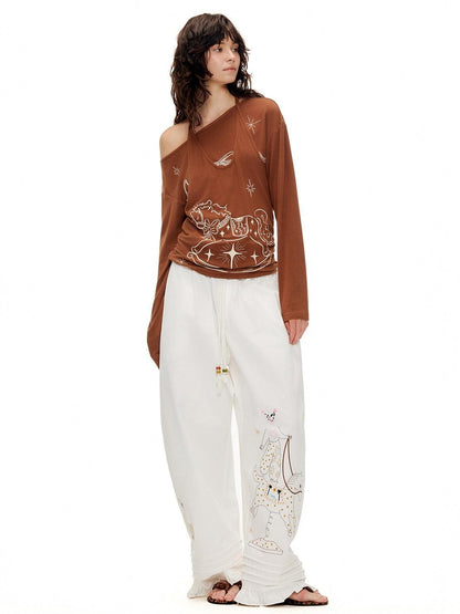 OuttheBlue Lyocell Blend V-neck Relaxed Fit Casual Women Caramel Brown Long Sleeve T-Shirts