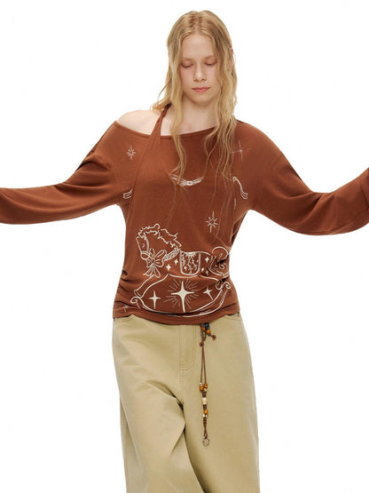 OuttheBlue Lyocell Blend V-neck Relaxed Fit Casual Women Caramel Brown Long Sleeve T-Shirts