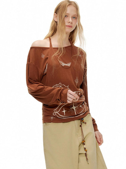 OuttheBlue Lyocell Blend V-neck Relaxed Fit Casual Women Caramel Brown Long Sleeve T-Shirts