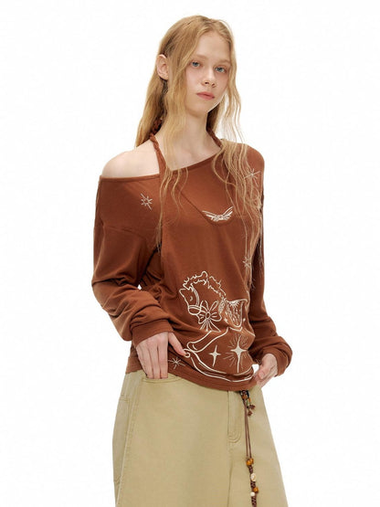 OuttheBlue Lyocell Blend V-neck Relaxed Fit Casual Women Caramel Brown Long Sleeve T-Shirts