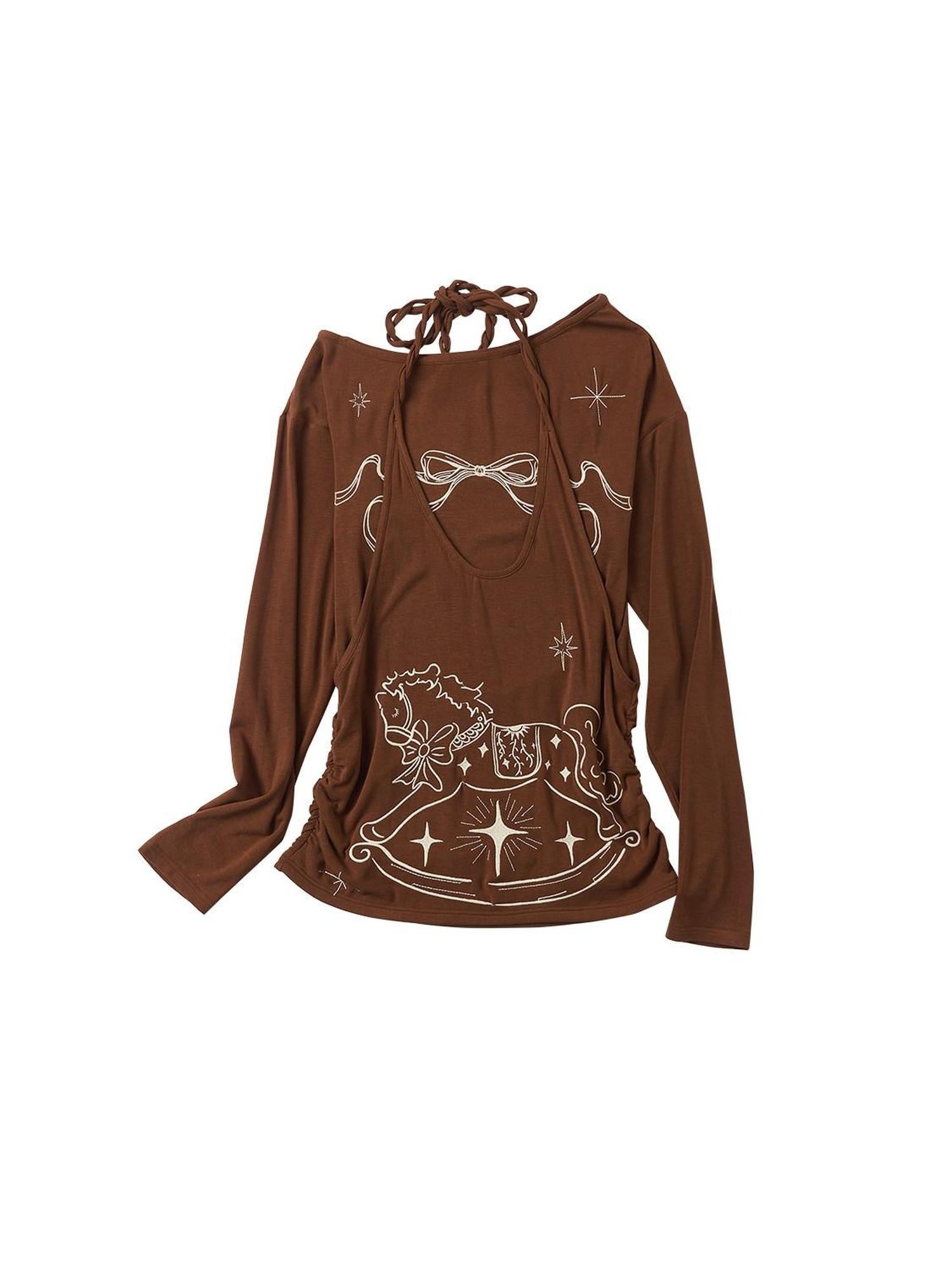 OuttheBlue Lyocell Blend V-neck Relaxed Fit Casual Women Caramel Brown Long Sleeve T-Shirts