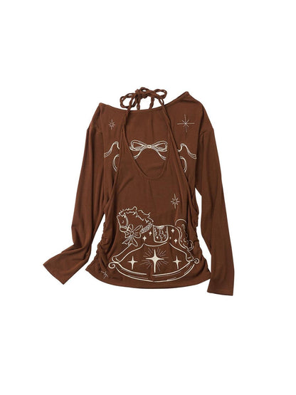 OuttheBlue Lyocell Blend V-neck Relaxed Fit Casual Women Caramel Brown Long Sleeve T-Shirts