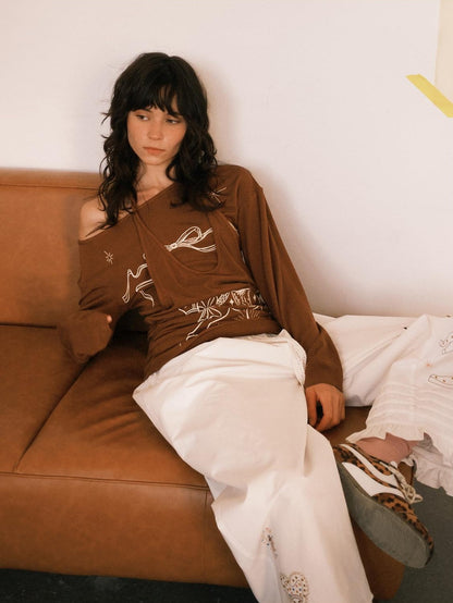 OuttheBlue Lyocell Blend V-neck Relaxed Fit Casual Women Caramel Brown Long Sleeve T-Shirts