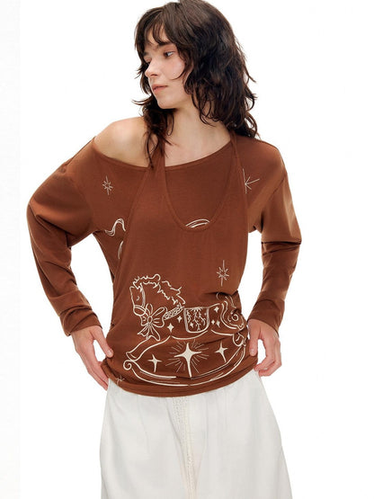 OuttheBlue Lyocell Blend V-neck Relaxed Fit Casual Women Caramel Brown Long Sleeve T-Shirts
