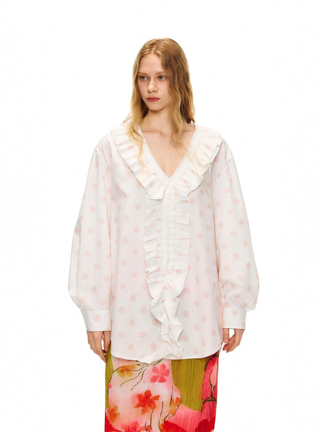 OuttheBlue Lyocell Cotton Blend Lace Ruffle Loose Puff Sleeve Polka Dot Women Blouses