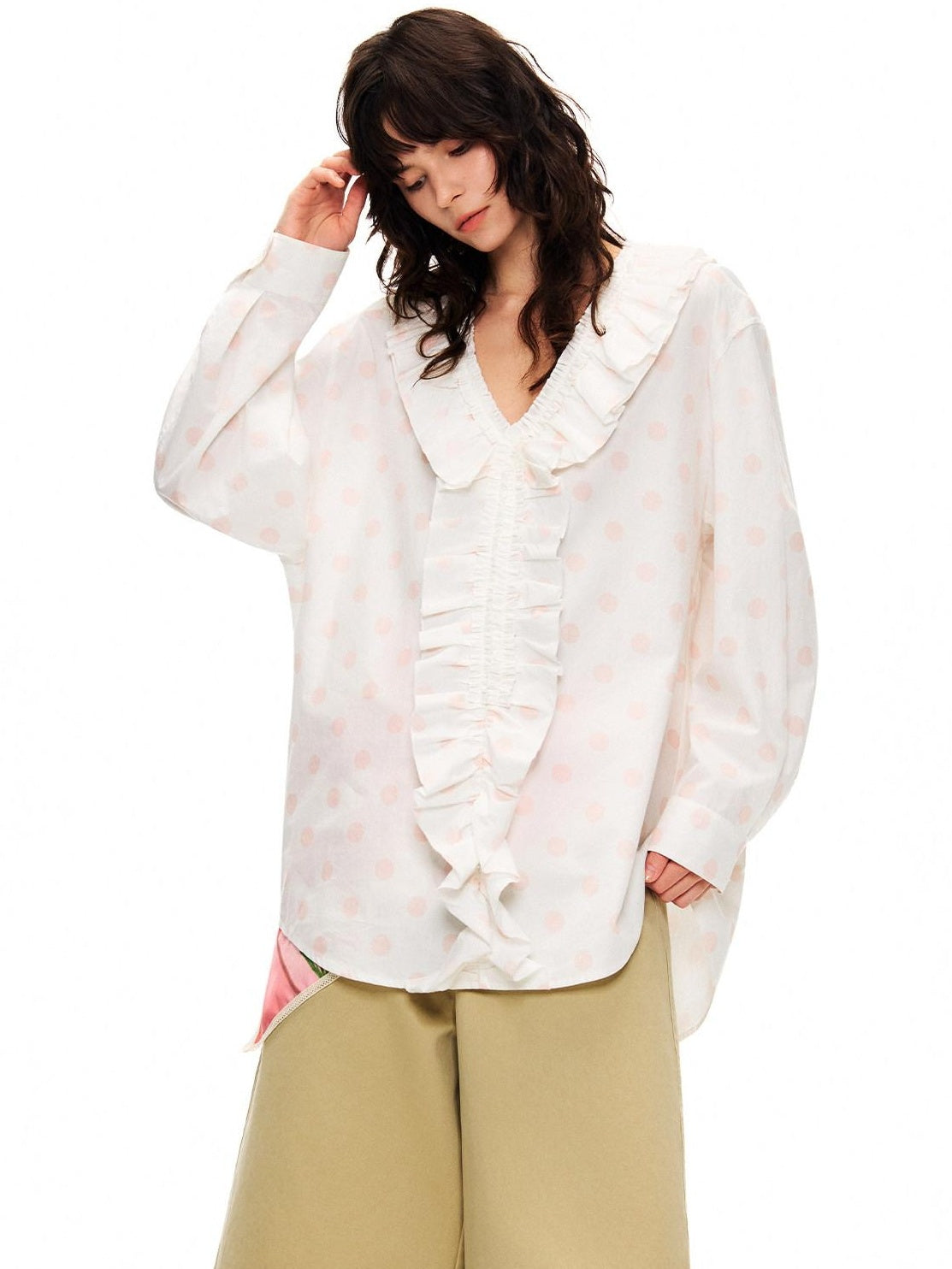 OuttheBlue Lyocell Cotton Blend Lace Ruffle Loose Puff Sleeve Polka Dot Women Blouses