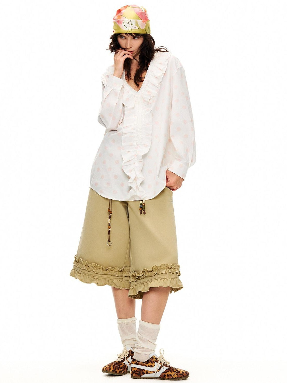 OuttheBlue Lyocell Cotton Blend Lace Ruffle Loose Puff Sleeve Polka Dot Women Blouses