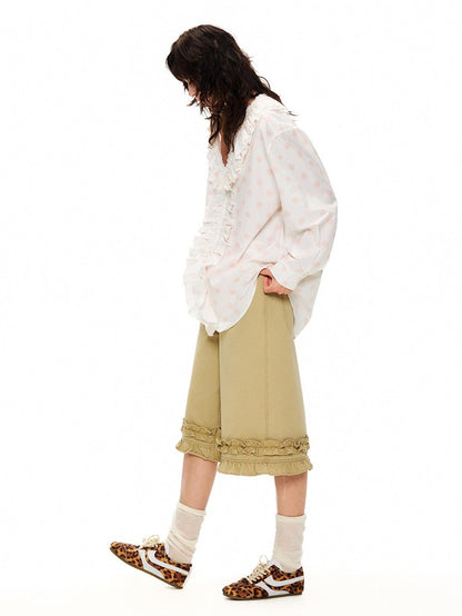 OuttheBlue Lyocell Cotton Blend Lace Ruffle Loose Puff Sleeve Polka Dot Women Blouses