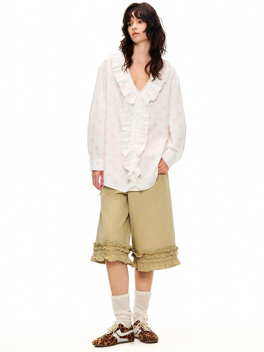 OuttheBlue Lyocell Cotton Blend Lace Ruffle Loose Puff Sleeve Polka Dot Women Blouses