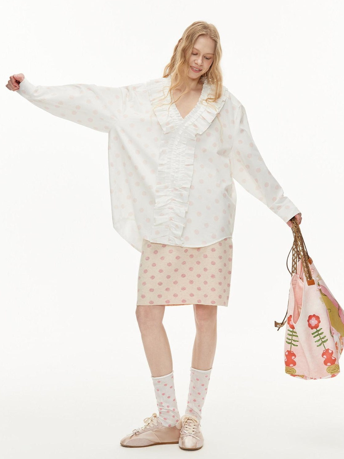 OuttheBlue Lyocell Cotton Blend Lace Ruffle Loose Puff Sleeve Polka Dot Women Blouses